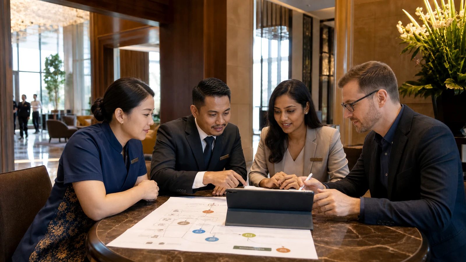 A Chinese woman, Indian woman, Malay man and American man reviewing a hotel guest-arrival workflow