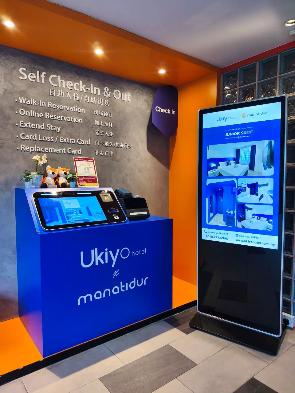 MythAsia self check-in kiosk installed in a real hotel arrival area