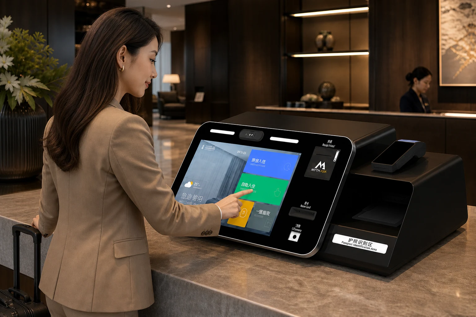 Hotel guest using the MythAsia M100 compact kiosk in a refined reception setting