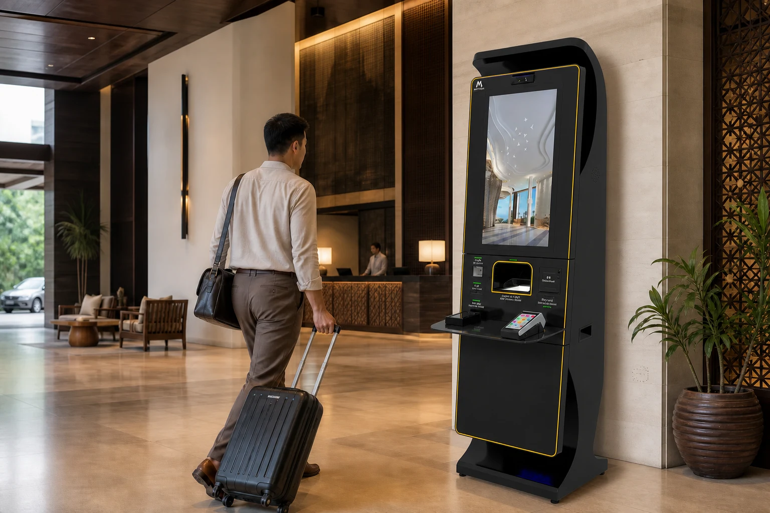 MythAsia M150 hotel kiosk installed in a premium lobby arrival scene