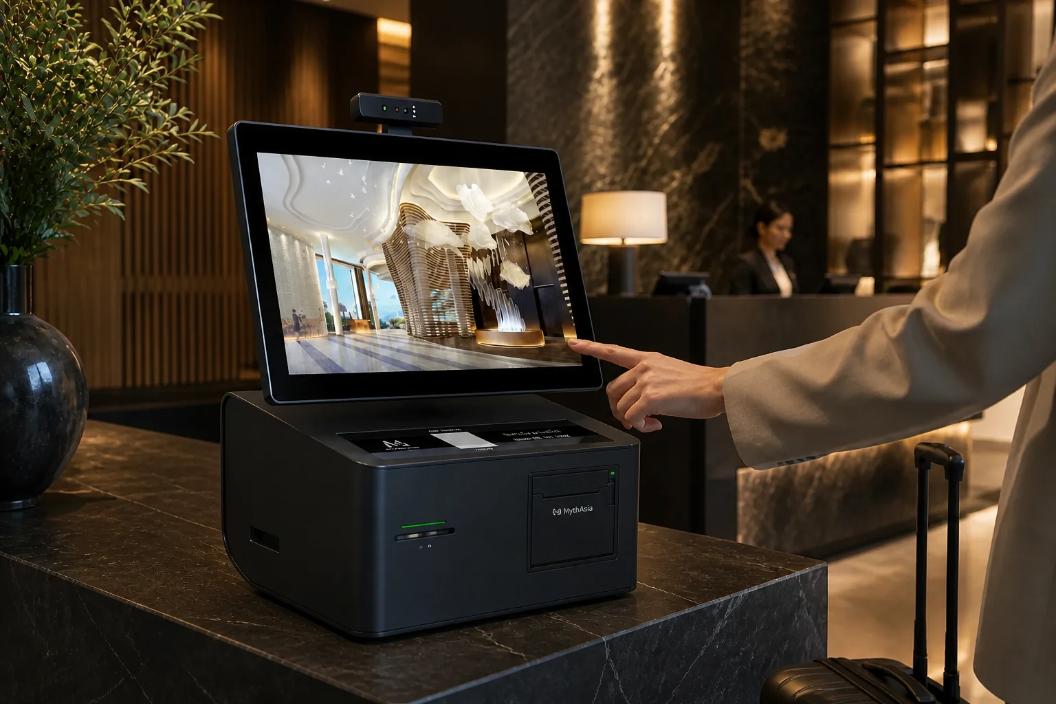 Hotel guest using the MythAsia M50 countertop kiosk at reception