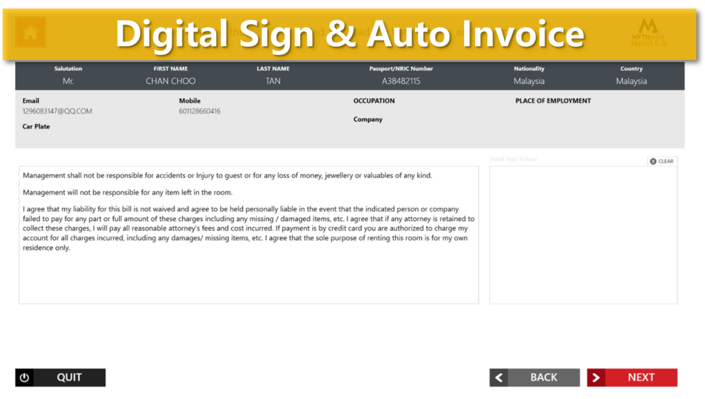 Kiosk terms and conditions e-signature screen