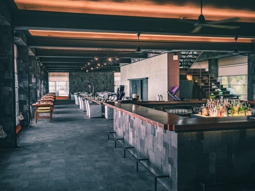 Modern interior of restaurant in dark tones